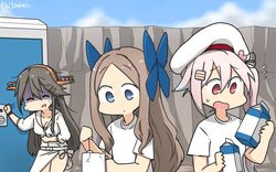  3girls alternate_costume asakaze_(kancolle) beret blue_eyes blue_hair blue_sky cloud commentary_request cup dated day flower flying_sweatdrops forehead gradient_hair hair_flower hair_ornament hair_ribbon hamu_koutarou haruna_(kancolle) harusame_(kancolle) hat highres holding_stomach jacket kantai_collection light_brown_hair long_hair milk_carton mug multicolored_hair multiple_girls one-hour_drawing_challenge outdoors parted_bangs pink_hair red_eyes ribbon rock sarong shirt short_sleeves side_ponytail sidelocks sky stomach_ache t-shirt toilet_stall turn_pale wavy_hair white_jacket white_sarong white_shirt 