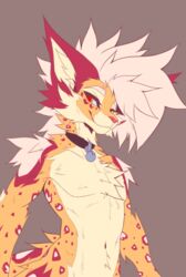  anthro arched_back arm_tuft back_tuft chest_tuft collar felid femboy fur head_tuft looking_at_viewer male mammal orange_body orange_fur potatokamaos red_body red_eyes red_fur simple_background skinny solo tuft white_body white_fur 