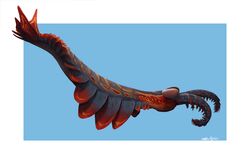  2019 absurd_res ambiguous_gender anomalocarid anomalocaris arthropod black_body blue_background claws feral fin glistening glistening_body glistening_eyes great_appendages hi_res marine markings orange_eyes orange_markings red_markings red_tail side_view signature simple_background solo tail thewoodparable white_background 