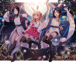  3boys :d abandon_ranka animal_ears black_gloves black_hair black_socks black_thighhighs blonde_hair blue_eyes blue_hair cloud cloudy_sky commentary_request detached_sleeves extra_ears full_moon gem gloves hair_ribbon japanese_clothes kemonomimi_mode kimono kimono_skirt kneehighs male_focus midare_toushirou moon multiple_boys night night_sky open_mouth otoko_no_ko petals purple_eyes rabbit rabbit_ears ribbon sandals shorts sky smile socks taikogane_sadamune tassel thighhighs touken_ranbu yagen_toushirou yellow_eyes 