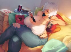  absurdres bad_id bad_pixiv_id bag_of_chips bean_bag_chair borrowed_character breasts cable can cleavage coca-cola commission covered_nipples crossed_legs curvy denim doritos drink_can female food food_on_face gigantic_breasts gofa handheld_game_console headphones headphones_around_neck highleg highleg_panties highres holding holding_can jeans mountain_dew no_bra nose original panties pants pillow pizza_box playing_games red_eyes short_hair sitting skindentation sleeveless soda_can solo strap_slip tan tank_top torn_clothes torn_jeans torn_pants underwear vella_(debaucheryninja) white_hair 