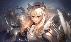  animal_ear_fluff animal_ears arknights armor blemishine_(arknights) blonde_hair blue_background breastplate capelet character_name cloak closed_mouth commentary_request female fur-trimmed_armor fur_trim horse_ears kingdom_of_kazimierz_logo long_hair looking_ahead ryuuzaki_ichi solo upper_body yellow_eyes 