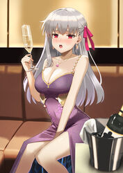  absurdres alcohol breasts champagne champagne_bottle champagne_flute cleavage couch cup dress drinking_glass drunk earrings fate/grand_order fate_(series) female grey_hair hair_ribbon highres jewelry kama_(fate) large_breasts long_hair motukan pendant purple_dress red_eyes ribbon sitting solo 