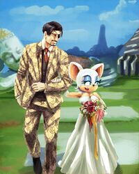  2021 anthro b0dko bat blue_eyeshadow bouquet clothing dress duo eyeshadow female goro_majima human human_on_anthro interspecies makeup male male/female mammal rouge_the_bat ryuu_ga_gotoku sega slit_dress sonic_the_hedgehog_(series) wedding wedding_dress yakuza_(series) 