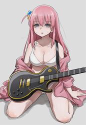  aqua_eyes bags_under_eyes bare_shoulders bocchi_the_rock! bra breasts cleavage collarbone cube_hair_ornament electric_guitar female gibson_les_paul gotoh_hitori grey_background guitar hair_ornament half-closed_eyes highres instrument jacket jacket_partially_removed large_breasts legs long_hair long_sleeves no_pants one_side_up open_clothes open_jacket open_mouth panties pink_hair pink_jacket sitting solo sweat sweatdrop tabao track_jacket underwear wariza white_bra white_panties 