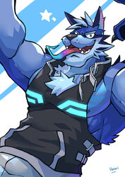  anthro blue_body blue_fur canid canine canis dark-dusk dark4202n fur hi_res lifewonders long_tongue male mammal sleeveless_hoodie solo tindalos_(tas) tokyo_afterschool_summoners tongue wolf 