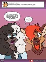  anthro beard blue_eyes brown_eyes canid canine canis domestic_dog english_text evangeline_claire eye_contact facial_hair female hair hyena looking_at_another male mammal mature_female multicolored_hair poodle red_hair sketchybug text 