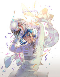  1boy alternate_costume blue_hair blush celebration chaldea_logo commentary confetti cu_chulainn_(fate) cu_chulainn_(fate/stay_night) earrings english_text fate/grand_order fate/stay_night fate_(series) floating_hair g0ringo gloves grin helmet highres holding holding_helmet jewelry long_hair male_focus one_eye_closed ponytail racing_suit red_eyes removing_helmet simple_background smile solo sweat symbol-only_commentary 