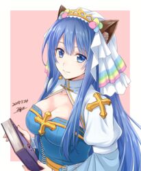  20nigu animal_ear_fluff animal_ears arch_bishop_(ragnarok_online) blue_dress blue_eyes blue_hair blush book breasts cat_ears cleavage cleavage_cutout closed_mouth clothing_cutout commentary_request cross dress female headdress holding holding_book juliet_sleeves large_breasts long_hair long_sleeves looking_at_viewer pink_background puffy_sleeves ragnarok_online sash signature simple_background smile solo two-tone_background two-tone_dress upper_body white_background white_dress yellow_sash 