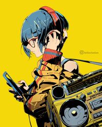  bag blue_hair blunt_bangs boku_no_hero_academia boombox cellphone clonion commentary_request female glasses hand_on_headphones headphones high_contrast highres holding_boombox instagram_username jacket jirou_kyouka looking_at_viewer looking_to_the_side nail_polish phone profile radio red_nails short_hair shoulder_bag simple_background smartphone solo upper_body yellow_background zipper 