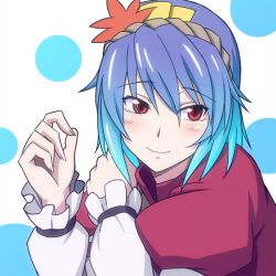  blue_hair commentary_request female h-new hair_ornament love_plus parody photoshop_(medium) red_eyes short_hair slit_pupils solo touhou yasaka_kanako 