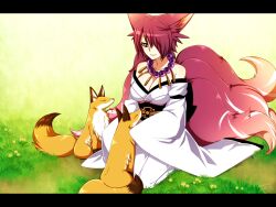  amatsugi_(konshin) animal animal_ears bare_shoulders breasts cleavage commentary_request detached_sleeves female fox fox_ears fox_tail gradient_hair grass grey_eyes jewelry kneeling konshin large_breasts letterboxed multicolored_hair multiple_tails nature necklace original outdoors pink_hair red_hair smile solo tail 