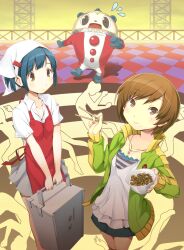  1boy 2girls bad_id bad_pixiv_id blue_hair bowl brown_eyes brown_hair checkered_floor chopsticks food food_delivery_box food_on_face gyuudon head_scarf highres itoichi. jewelry kuma_(persona_4) multiple_girls nakamura_aika necklace okamochi_(container) persona persona_4 satonaka_chie short_hair 