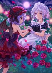  2girls album_cover alternate_costume ama-tou apron backless_outfit bare_shoulders bat_wings blue_eyes blue_hair bow braid colored_eyelashes commentary_request cover dress flower foxfactory full_moon gloves hair_ribbon hat holding_hands izayoi_sakuya light_purple_hair maid maid_headdress moon multiple_girls night open_mouth petals red_dress red_eyes red_flower red_rose remilia_scarlet ribbon rose rose_bush sky smile strapless strapless_dress touhou twin_braids white_gloves white_hair white_legwear wings wrist_cuffs 