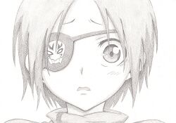  bad_id bad_pixiv_id chrome_dokuro eyepatch female greyscale highres katekyo_hitman_reborn! kinta_(distortion) looking_at_viewer monochrome open_mouth portrait short_hair solo traditional_media worried 