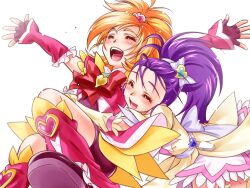  2girls bad_id bad_pixiv_id boots brooch cure_bloom cure_egret eyelashes futari_wa_precure_splash_star heart heart_brooch hyuuga_saki jewelry knee_boots magical_girl mishou_mai multiple_girls nekozawa_yukari photoshop_(medium) pink_arm_warmers pink_footwear precure shorts shorts_under_skirt white_background 