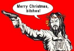  beard black_and_white christmas crown_of_thorns deity explosives facial_hair grenade gun handgun holidays jesus_christ low_res monochrome pistol ranged_weapon red_background religion simple_background unknown_artist weapon 