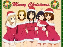  5girls :d ;o absurdres akiyama_mio alternate_costume arm_around_shoulder arm_grab bare_shoulders beige_background bell black_eyes black_hair blue_eyes blunt_bangs blush bow breasts brown_eyes brown_hair bug bunny_ears_prank butterfly candle christmas_ornaments christmas_tree christmas_wreath clenched_hands closed_mouth commentary_request cowboy_shot dress english_text frown fur_trim hair_between_eyes hair_ornament hairband hairclip hand_on_another&#039;s_shoulder hat heart highres hirasawa_yui holding_own_arm holly k-on! kotobuki_tsumugi legs_apart legs_together light_brown_hair light_smile lineup long_hair long_sleeves looking_at_viewer medium_breasts multiple_girls mushroom nakano_azusa off_shoulder one_eye_closed open_mouth parted_bangs photoshop_(medium) pillarboxed raised_eyebrows red_dress red_hat ribbon santa_costume santa_hat short_dress short_hair side-by-side sidelocks skirt skirt_tug small_breasts smile snowflakes square standing star_(symbol) surprised tainaka_ritsu tan thick_eyebrows thigh_gap twintails v wince wreath yukiyo_(otca202) 