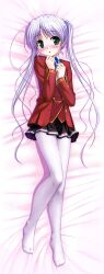  absurdres bad_link bekkankou blazer blush dakimakura_(medium) female fortune_arterial full_body green_eyes highres jacket long_hair lying pantyhose photoshop_(medium) purple_hair school_uniform shuuchikan_academy_school_uniform skirt solo tougi_shiro twintails very_long_hair 