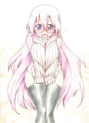  bad_id bad_pixiv_id blush breasts clothes_tug embarrassed female glasses kogaku_kazuya large_breasts long_hair lucky_star no_pants panties photoshop_(medium) pink_hair purple_eyes ribbed_sweater solo sweater sweater_tug takara_miyuki thighhighs traditional_media underwear very_long_hair 