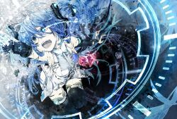  blue_eyes blue_hair bridal_gauntlets commentary_request dissolving elbow_gloves female fingerless_gloves gloves hatsune_miku hatsune_miku_(append) heart keishi long_hair necktie open_mouth solo thighhighs twintails vocaloid vocaloid_append zettai_ryouiki 