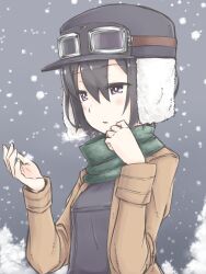  black_hair blush breath coat commentary_request female fur_hat goggles goggles_on_head hat kino_(kino_no_tabi) kino_no_tabi motorii purple_eyes scarf short_hair snow snowflakes solo 