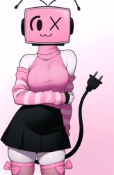  :3 ai_generated antenna black_eyes black_skirt cable fingerless_gloves fishnets knightnyan plug ribbon shoulders standing sweater thighs turtleneck_sweater tv_head white_skin x_eyes 