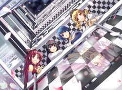  5girls akemi_homura akemi_homura_(magical_girl) album_cover album_cover_redraw beret black_hair blonde_hair blue_eyes blue_hair bow cape checkered commentary_request cover derivative_work drill_hair gloves grin hair_ribbon hairbow hat highres kaname_madoka long_hair magical_girl mahou_shoujo_madoka_magica mahou_shoujo_madoka_magica_(anime) miki_sayaka miki_sayaka_(magical_girl) minazuki_(karashikazoku) multiple_girls parody petals pink_hair please_please_me ponytail purple_eyes red_eyes red_hair reflection ribbon sakura_kyoko sakura_kyoko_(magical_girl) short_hair smile soul_gem spoilers the_beatles tomoe_mami tomoe_mami_(magical_girl) twin_drills twintails two_side_up ultimate_madoka v yellow_eyes 