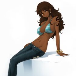  bikini_top bracelet breasts brown_eyes brown_hair dark_skin earrings female hairu jewelry large_breasts long_hair nami nami_(one_piece) navel one_piece photoshop sitting solo tattoo 