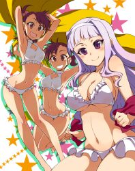  3girls :d armpits arms_up bad_id bad_pixiv_id barefoot bikini breasts brown_eyes brown_hair cleavage futami_ami futami_mami grin hairband idolmaster idolmaster_(classic) kusanagi_tonbo large_breasts long_hair multiple_girls navel open_mouth purple_eyes purple_hair shijou_takane siblings side_ponytail smile star_(symbol) swimsuit twins underboob white_bikini 