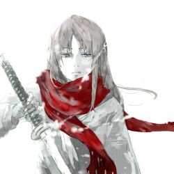  bad_id bad_pixiv_id female kamiya_kaoru katana keihachi_(toutou_to) long_hair red_scarf red_theme rurouni_kenshin scarf solo spot_color sword tears weapon 