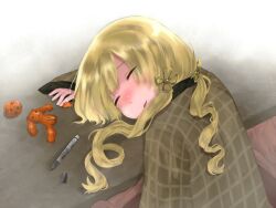  bad_id bad_pixiv_id banned_artist blonde_hair drill_hair food food_with_face fruit hair_ornament kotatsu kyuubee long_hair mahou_shoujo_madoka_magica mandarin_orange marker runamatu sleeping solo table tangerine_skin tomoe_mami 