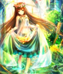  bare_shoulders barefoot breasts brown_hair cleavage colorful commentary_request dress female flower green_eyes head_wreath long_hair looking_at_viewer medium_breasts original ripples sakura_ani skirt_hold smile solo sundress very_long_hair water 