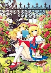  2girls alice_margatroid alinna_yun apron ass bell black_dress blonde_hair blue_dress blue_eyes book bow bush buttons capelet commentary_request covering_own_mouth dress fence flower garden hairband hat hat_bow holding holding_book ironwork kirisame_marisa kneehighs knees_up long_hair looking_at_viewer mary_janes multiple_girls on_ground open_book outdoors petticoat photoshop_(medium) pink_flower pink_rose plaid plaid_bow plant puffy_short_sleeves puffy_sleeves red_bow red_flower red_footwear red_ribbon red_rose ribbon rose rose_bush shoes short_dress short_hair short_sleeves sitting smile socks touhou waist_apron wavy_hair white_legwear witch_hat wrist_cuffs wristband yellow_eyes 