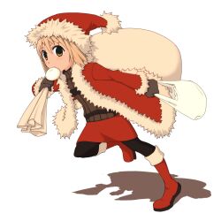  aroha_j bad_id bad_pixiv_id bag baozi boots christmas copyright_request female food hat mouth_hold pantyhose photoshop_(medium) sack santa_costume santa_hat solo 