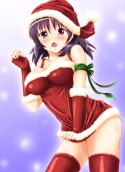  atsuko_(minami-ke) blush breasts commentary_request diesel-turbo elbow_gloves female fingerless_gloves gloves hat large_breasts minami-ke open_mouth purple_eyes purple_hair red_gloves red_thighhighs santa_costume santa_hat short_hair solo thighhighs zettai_ryouiki 