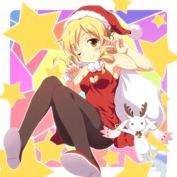  :3 antlers armpits bare_shoulders blonde_hair blush blush_stickers cleavage_cutout clothing_cutout commentary_request dress drill_hair female hat heart heart_cutout horns kyuubee long_hair looking_at_viewer mahou_shoujo_madoka_magica mahou_shoujo_madoka_magica_(anime) one_eye_closed pantyhose sack santa_hat shoes sitting smile star_(symbol) tomoe_mami v yamasan yellow_eyes 