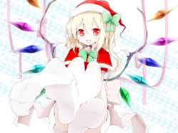  bad_id bad_pixiv_id bell blonde_hair bow capelet feet female flandre_scarlet foot_focus hairbow hat highres looking_at_viewer no_shoes oerba_yun_fang oouso open_mouth plaid plaid_background pov red_eyes santa_costume santa_hat short_hair sitting sock_dangle sock_pull solo thighhighs touhou white_thighhighs wings 