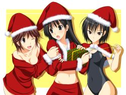  3girls amagami ayatsuji_tsukasa bare_shoulders black_eyes black_hair blush breasts brown_eyes brown_hair capelet christmas cleavage commentary_request competition_swimsuit gift groin hat highres holding holding_gift long_hair midriff multiple_girls nanasaki_ai navel one-piece_swimsuit one_eye_closed open_mouth photoshop_(medium) sakurai_rihoko santa_costume santa_hat short_hair skirt small_breasts swimsuit takepon 