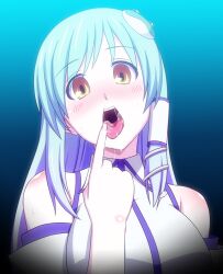  bare_shoulders commentary_request female green_hair h-new hair_tubes kochiya_sanae long_hair photoshop_(medium) saliva solo sweatdrop tongue touhou yellow_eyes 