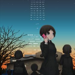  bare_tree brick brick_wall brown_eyes brown_hair building cellphone commentary credits cross dress formal funeral funeral_dress funeral_kimono japanese_clothes kimono multiple_girls open_mouth original outdoors phone short_hair sky star_(symbol) sunset talking_on_phone text_focus tree yajirushi_(chanoma) 