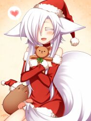  aika_(konshin) animal_ears artist_self-insert closed_eyes commentary_request female fox_ears fox_tail hat heart konshin konshin_(character) original santa_costume santa_hat short_hair_with_long_locks solo stuffed_animal stuffed_toy tail teddy_bear white_hair 