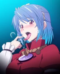  blue_hair commentary_request female h-new hair_ornament licking licking_finger long_tongue photoshop_(medium) red_eyes saliva saliva_trail slit_pupils solo tongue touhou yasaka_kanako 