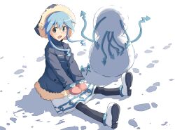  aki_masanari blue_eyes blue_hair coat commentary_request cthulhu dress female hood ikamusume long_hair pantyhose prehensile_hair shinryaku!_ikamusume snowman tentacle tentacle_hair winter_clothes 