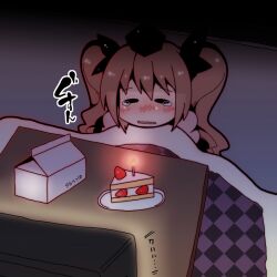  blush brown_hair cake cake_slice candle christmas closed_eyes commentary_request dark female food fruit gyo hair_ribbon hat himekaidou_hatate kotatsu lonely plate ribbon single_flame solo strawberry strawberry_shortcake table tears television touhou translation_request twintails watching_television wavy_mouth 