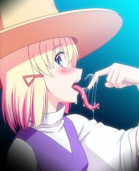  blonde_hair blue_eyes blush commentary_request female h-new heavy_breathing licking licking_finger long_tongue moriya_suwako photoshop_(medium) saliva saliva_trail sexually_suggestive solo tongue touhou 