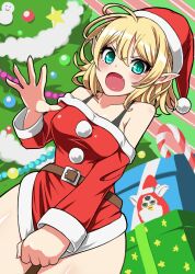  alternate_costume alternate_eye_color bare_shoulders belt blonde_hair blush box breasts candy christmas_ornaments christmas_tree commentary_request doll embarrassed female food fuji_hyorone furby green_eyes hat medium_breasts mizuhashi_parsee oerba_yun_fang open_hand open_mouth pointy_ears santa_costume santa_hat short_hair skirt skirt_tug solo strap tears touhou 