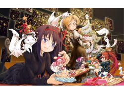  5girls akemi_homura alcohol ass beer black_hair blonde_hair breasts cake christmas clone commentary_request food gift hat kaname_madoka kyuubee mahou_shoujo_madoka_magica mahou_shoujo_madoka_magica_(anime) medium_breasts multiple_girls naka_(nicovideo14185763) photoshop_(medium) red_hair sakura_kyoko santa_hat sideboob tomoe_mami 