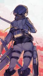  ass black_eyes black_hair boots commentary_request dual_wielding emblem feet_out_of_frame female from_behind holding jacket long_sleeves mikasa_ackerman namaniku_atk pantylines paradis_military_uniform photoshop_(medium) scarf shingeki_no_kyojin skirt solo sword three-dimensional_maneuver_gear weapon 