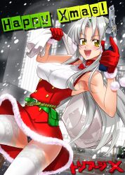  bag blush breasts buckle female gloves gun handgun kiba_mikoto large_breasts open_mouth panties pantyshot photoshop_(medium) revolver satou_shouji shirt silver_hair smile snowing solo taut_clothes taut_shirt thighhighs triage_x underwear weapon yellow_eyes 